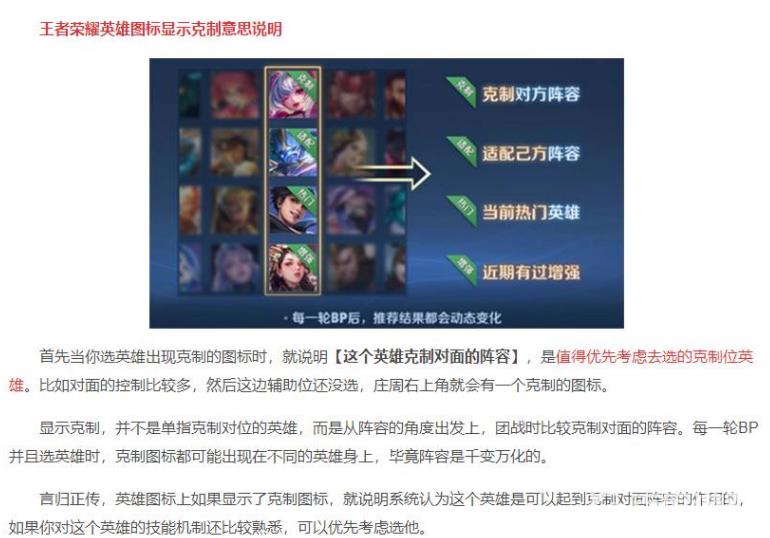 王者选英雄时显示克制和适配是什么意思